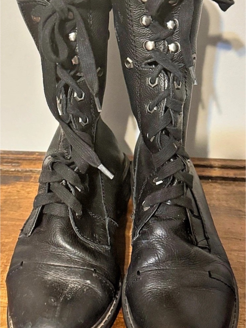 SAM EDELMAN Combat Laceup BOOTS Darwin Black Pebble Leather Silver Zip Women 9m
